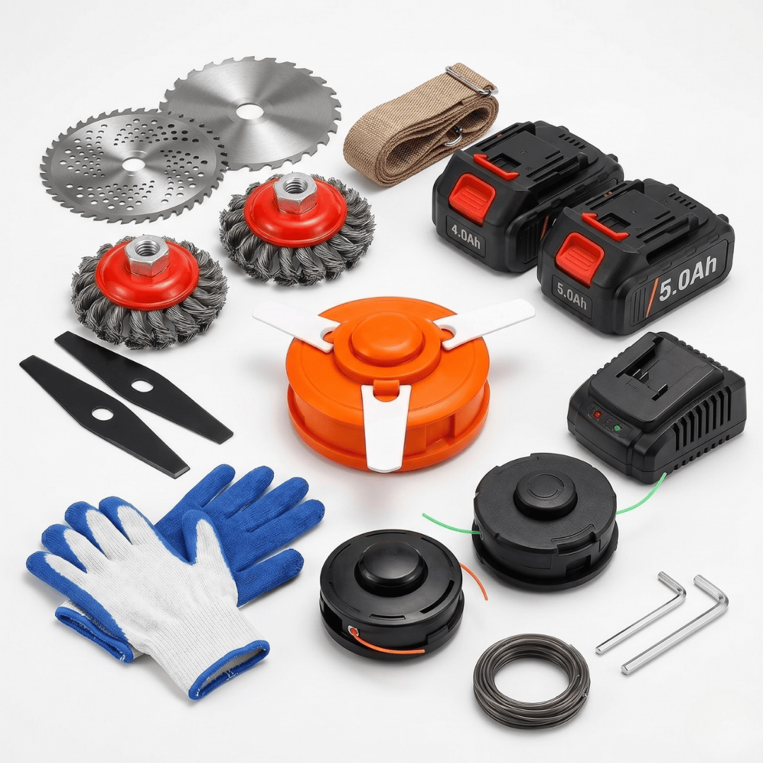 HyperTrimmer 3000 — 3-in-1 with interchangeable heads: nylon line, 3-tooth blade, metal disc for every vegetation type