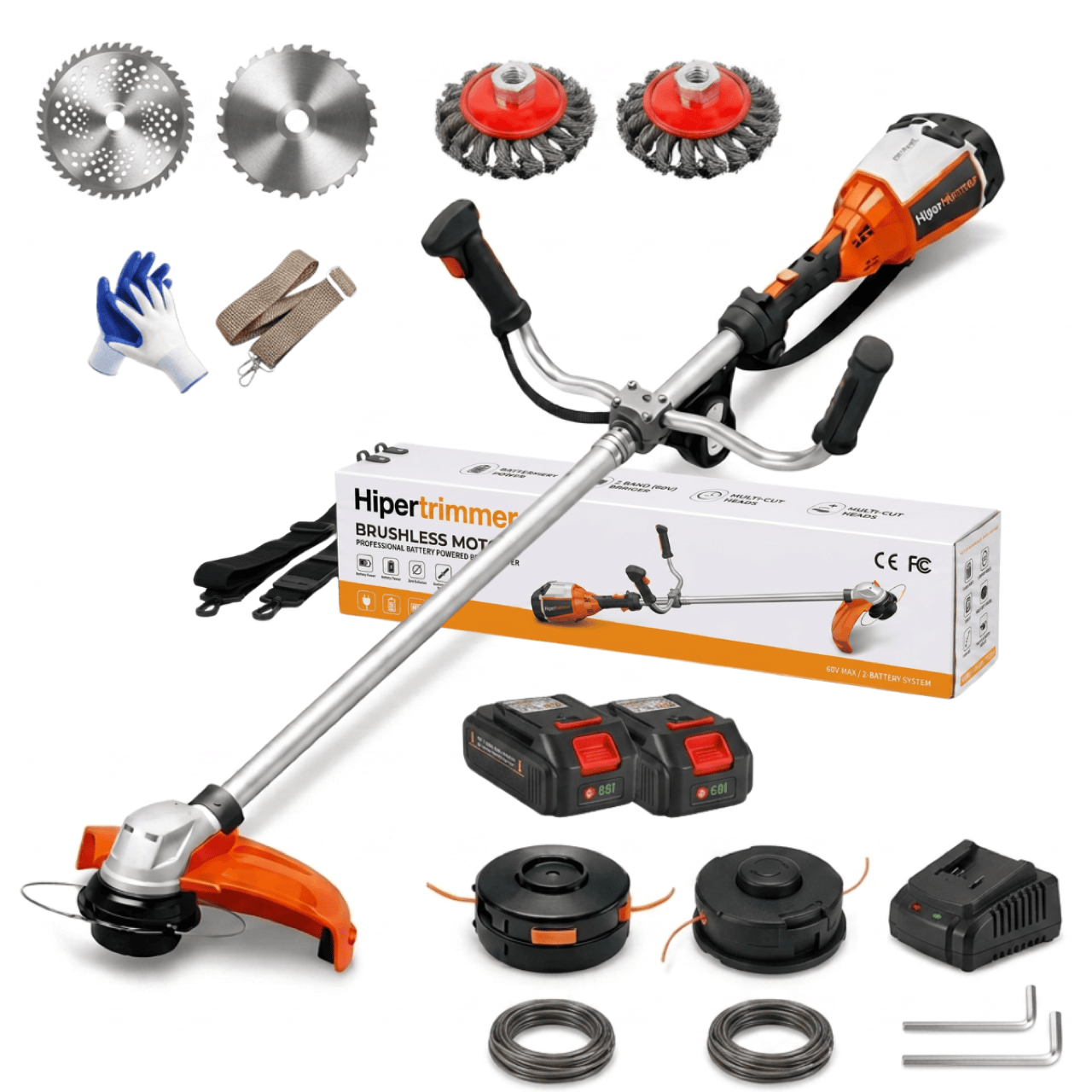 HyperTrimmer 3000 box contents: power unit, 2× 60V lithium batteries, quick charger, 3 cutting heads, padded harness, gloves, goggles and manual
